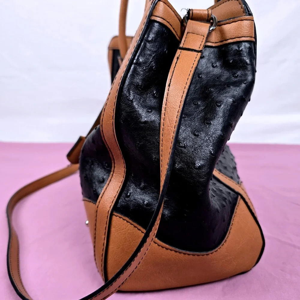 London Fog Black Ostrich Embossed Cognac Brown Satchel Handbag w/ Shoulder Strap